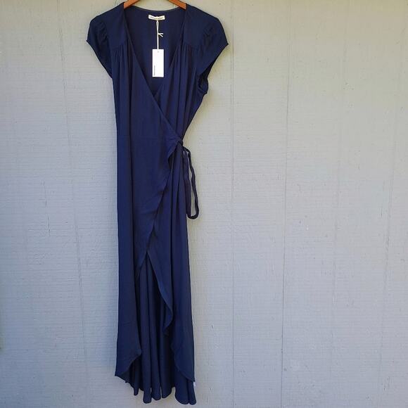 Reformation 1X Chamomile Wrap Dress Navy Blue Plus Size Solid - Picture 3 of 14